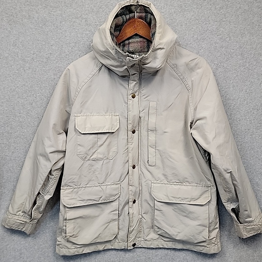 Vintage Lands' End Jacket Large Plaid‎ Wool Lined Hood Chore Utility Coat USA